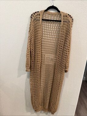 Open Knit Long Cardigan - Tan